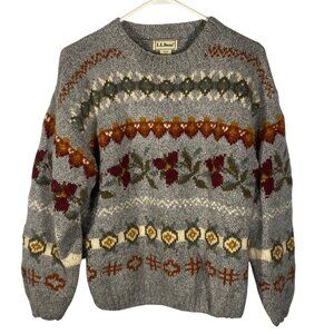 L.L. Bean Wool Blend Fair Isle Sweater M Gray Floral Crewneck Vintage M wool